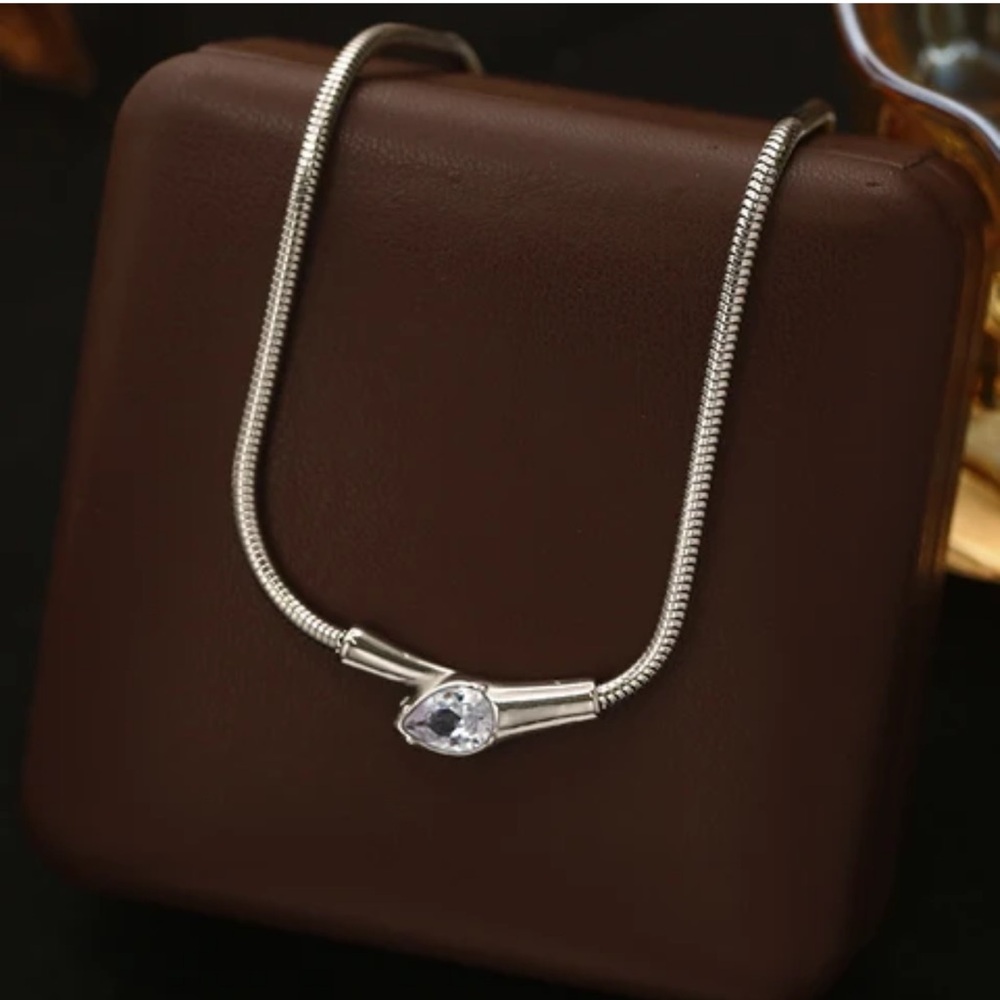 Stainless Steel Necklace with Clear Teardrop Pendant